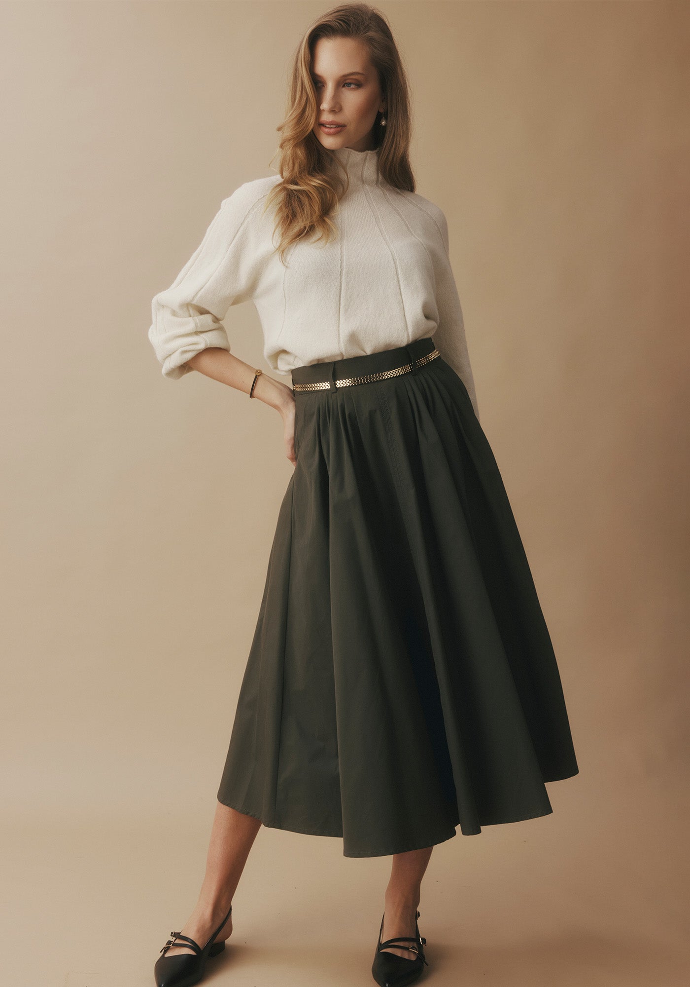 Gianna Skirt - Olivio | 100% Organic Cotton Midi Skirt | High